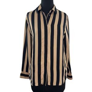 J.Crew Beige Black Shirt Wide Striped Collared Curved Hem Classic Button-Up Sz 4